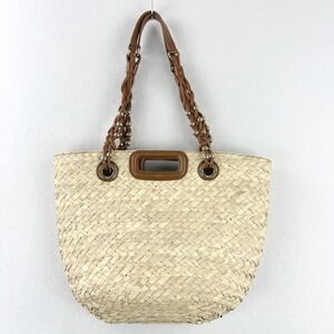 MAJE Raffia Woven Palm Market Tote Leather Handles Shoulder Bag